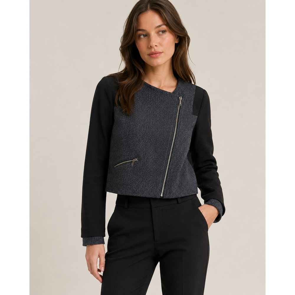 W118 by Walter Baker Navy Herringbone Asymmetrical Zip Moto Jacket Small NWT